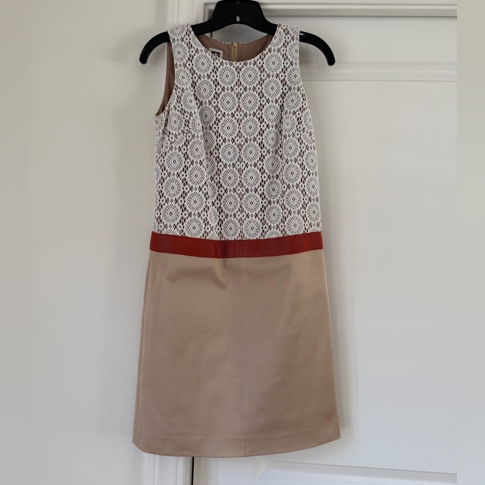 Anne Klein White Lace Top Tan Dress with Rust Accent